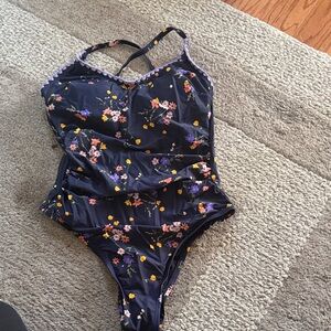 Floral women One Piece Swimsuit - navy and Purple
